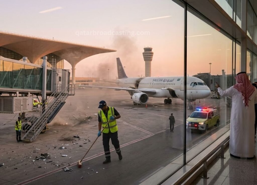 Airside view of a Saudia plane at the gate with debris on the tarmac, ground crew sweeping, and a police/medic vehicle nearby.