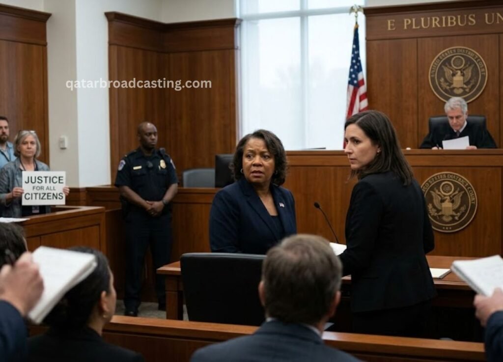 qatarbroadcastingcom 1 - Qatar Broadcasting Courtroom scene with two women at the stand, judge seated behind, an American flag, and a 'Justice for All Citizens' sign in the background.