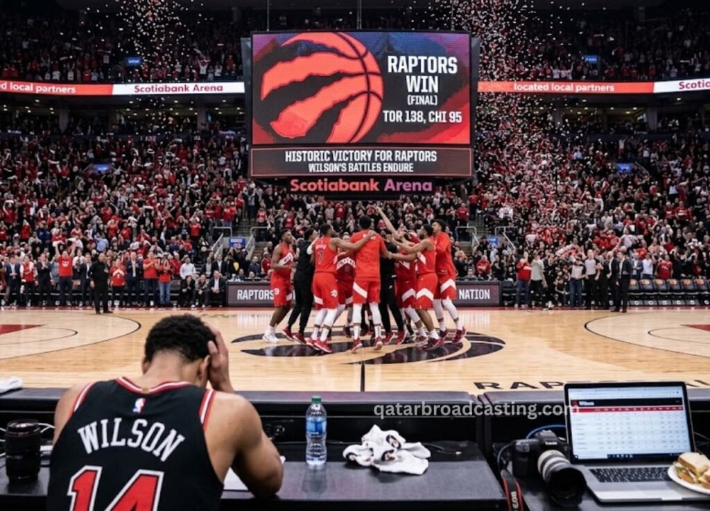 Raptors celebrate on the court after a win as a packed arena cheers; a dejected Wilson (#14) sits at the bench in the foreground with a water bottle and laptop nearby.