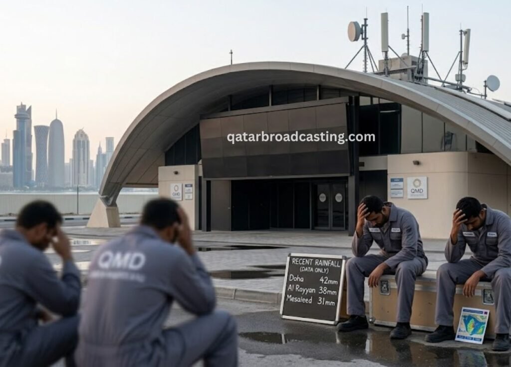 Four workers in gray uniforms sit with heads in hands beside a rainfall board (Doha 42mm) outside a modern curved-roof building; Doha skyline in the background.