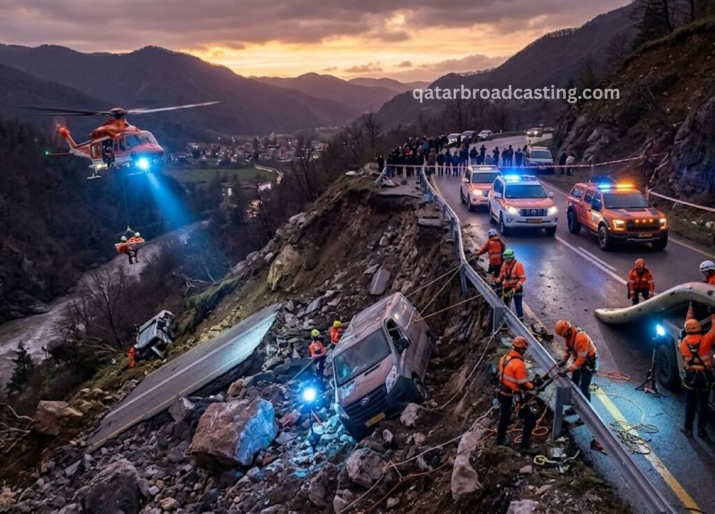qatarbroadcastingcom 3 - Qatar Broadcasting Rescue scene on a mountain road: helicopter hoists a person while emergency crews and a crash vehicle oversee the operation as cars with flashing lights line the road.