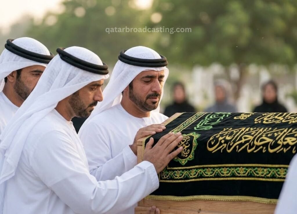 Men in white traditional dress carry a black-and-gold embroidered coffin at a funeral.
