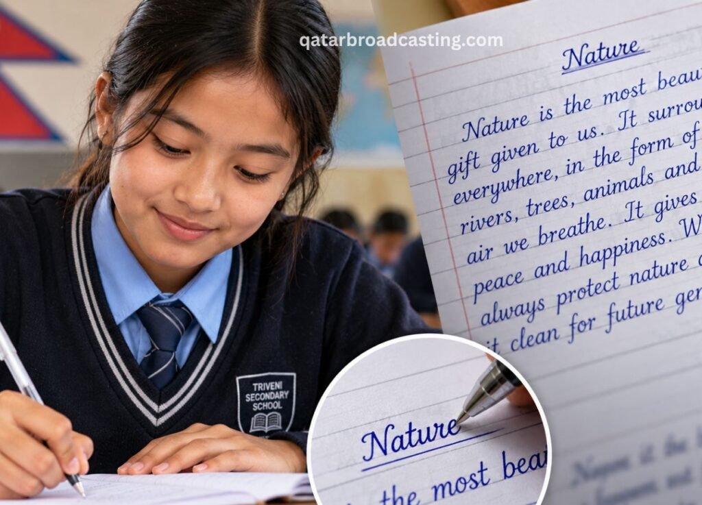 Schoolgirl in uniform writes at a desk; an inset shows the word Nature on a notebook page.