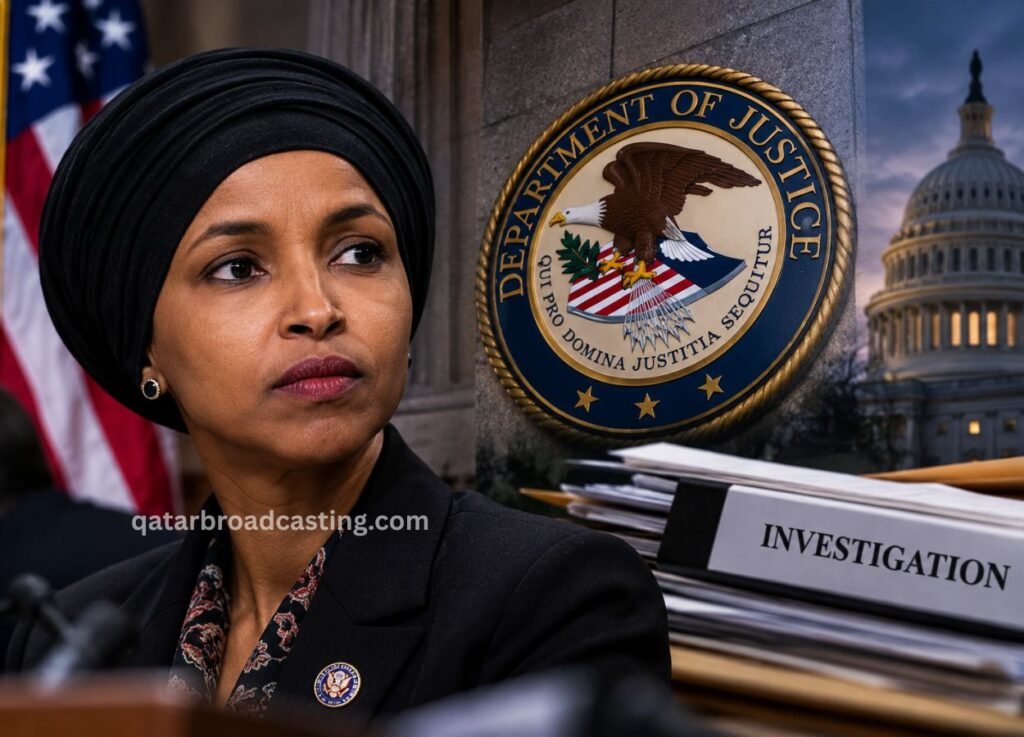 Woman in a black hijab and blazer seated at a desk, with the Department of Justice seal and the U.S. Capitol in the background and a binder labeled INVESTIGATION nearby.